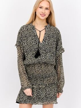 Aqua Black and Cream Printed Smocked Tie-Neck Dress Large